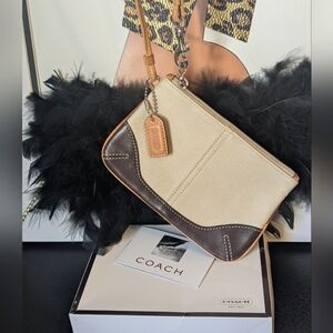 Coach NIB Tan Canvas & Brown Leather Wristlet w/Hangtag